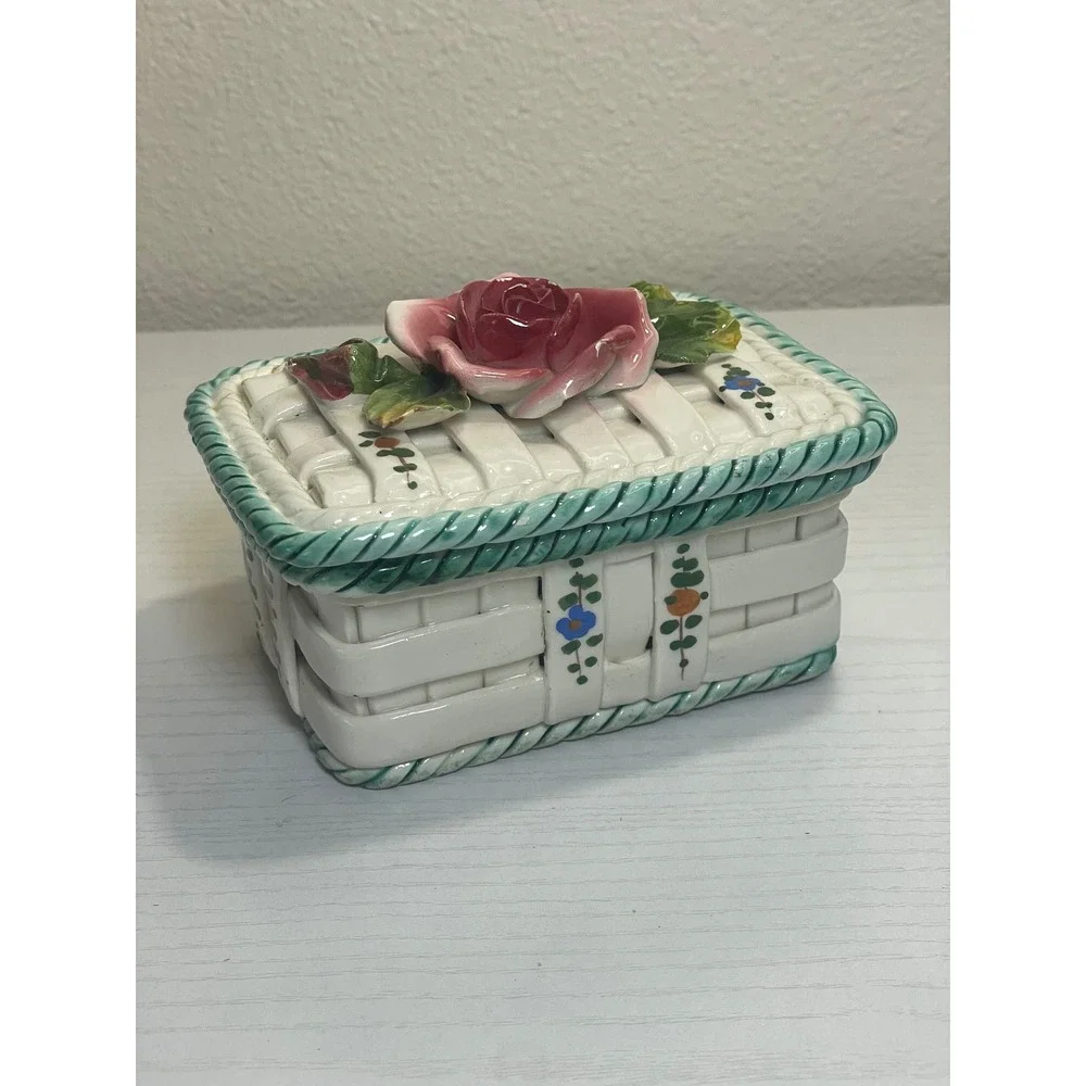 Vintage Italy Ceramic Rose Basket‎ Trinket Box Hand Painted Cottagecore Decor